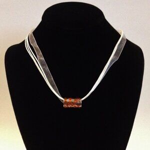 Orange Lace Slide Pendant Handmade Resin Sterling Silver White Organza Necklace